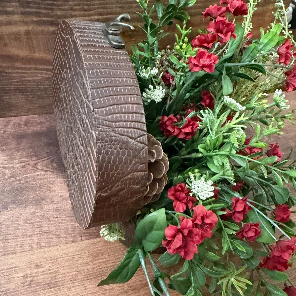 Floral Arrangement in Faux Crocodile Oval Box Red Floral Pinecones Decor Vintage